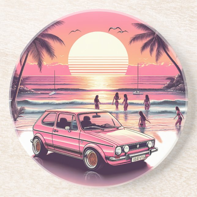 Porta-copos Retro Pink Summer Sunset Beach Vibe (Frente)