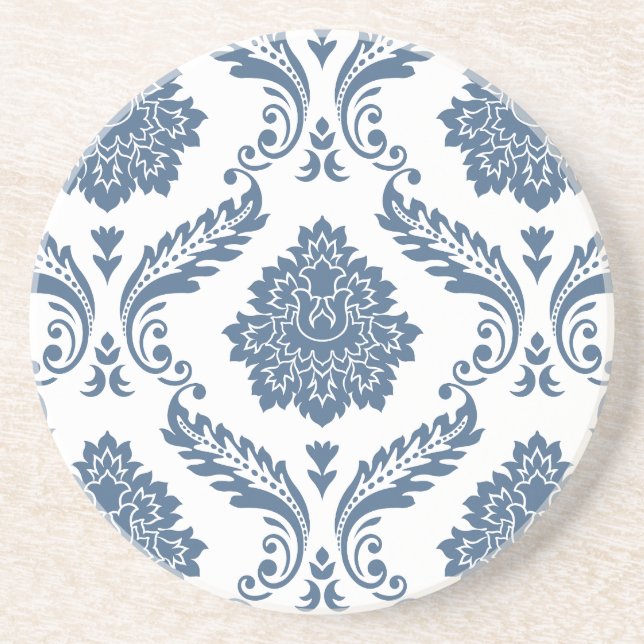 Porta-copos Rococo Damask Padrão Grande Azul no Branco (Frente)