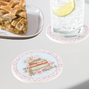 Porta-copos Rosas Cor-de-Rosa Vintage em Aquarela e Livros Cor