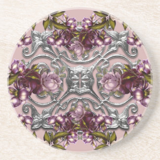Porta-copos Rosas Roxas Medalha de Prata Vintage Arenito