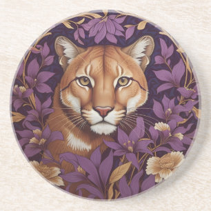 Porta-copos Rosto de Puma Entre Densa Folhagem Roxa e Flores