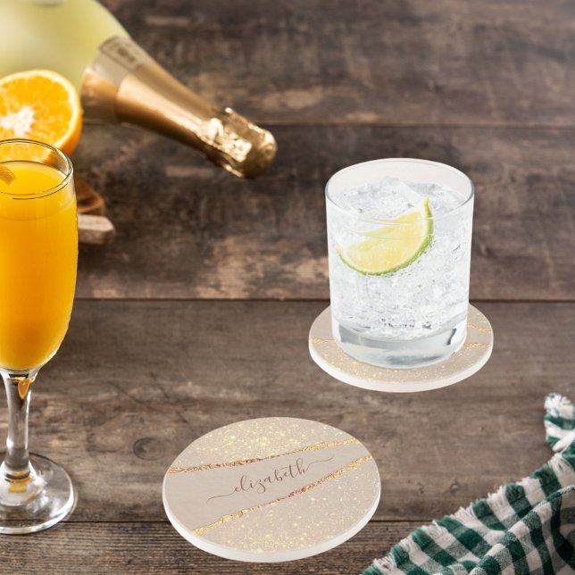 Porta-copos Roteiro de mármore agate glitter rosa dourado scri (Criador carregado)