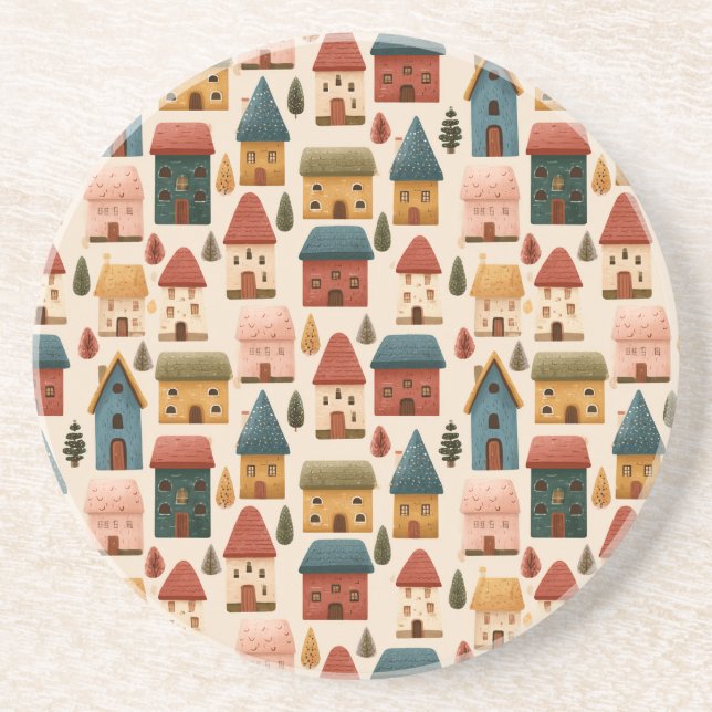 Porta-copos Rustic Festive Christmas Houses Seamless Pattern (Frente)