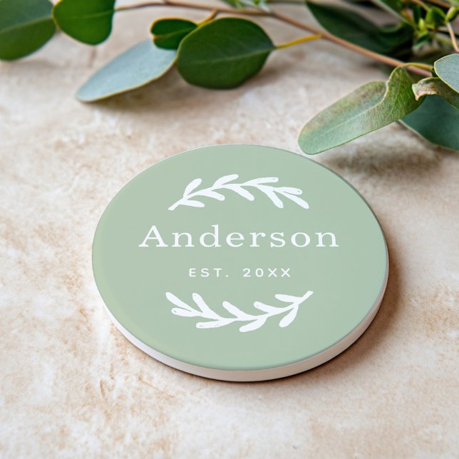 Porta-copos Sage Green Laurel Branch Wreath Sobrenome Monogram (Criador carregado)