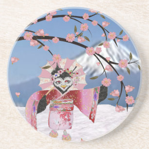 Porta-copos Sakura Geisha Pássaro na Neve Flores de Cerejeira