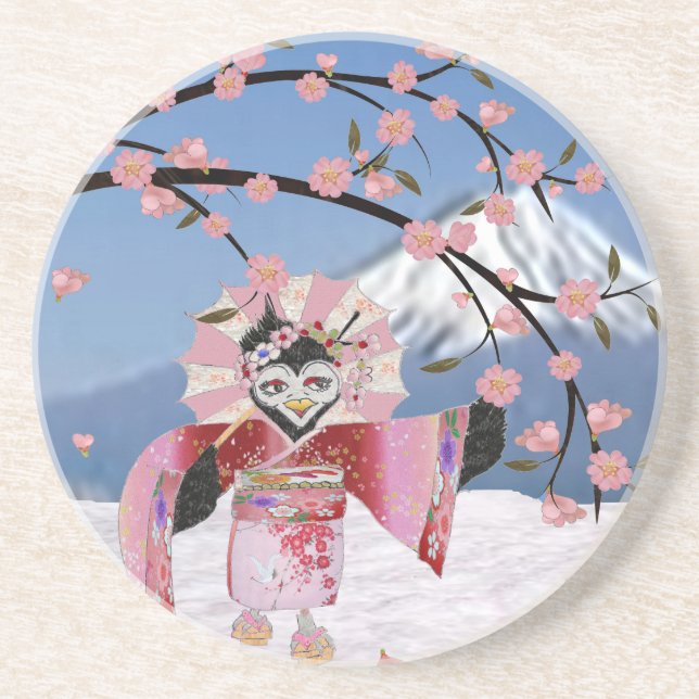 Porta-copos Sakura Geisha Pássaro na Neve Flores de Cerejeira (Frente)