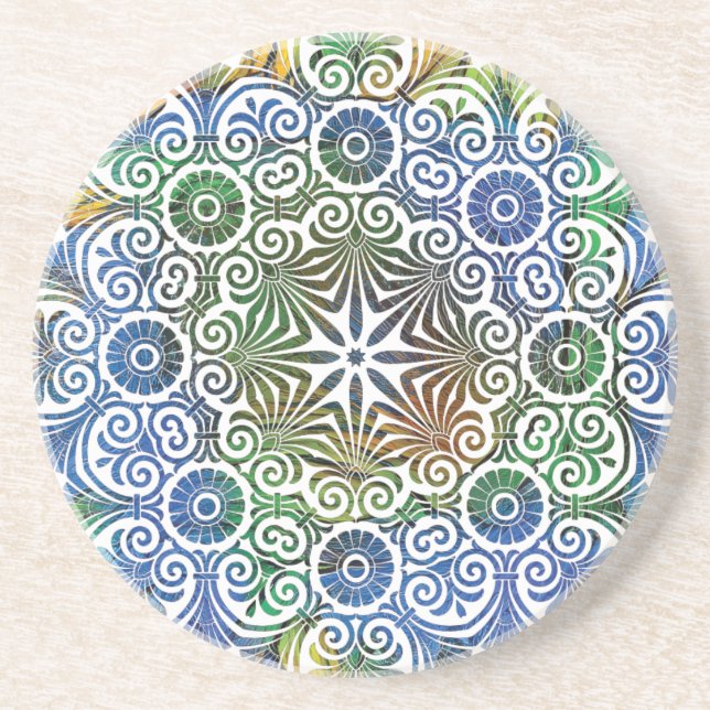 Porta copos Sandstone de Mandala Azul e Verde (Frente)