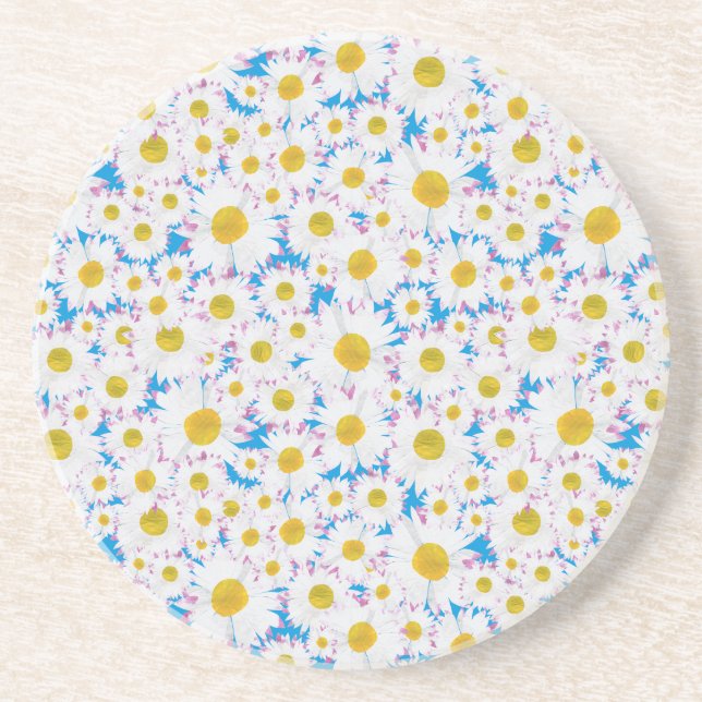 Porta copos Sandstone: Ditzy White Daisies em Azul (Frente)