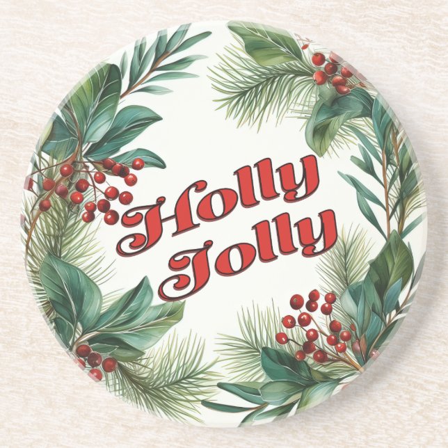 Porta-copos Script "Holly Jolly" de Natal tradicional (Frente)