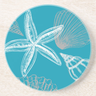 Porta-copos Seashell Beach House Aqua Blue Starfish Round