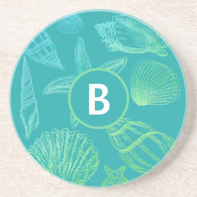 Porta-copos Seashell Monograma Nome Blue Teal Beach Shell Roun (Frente)
