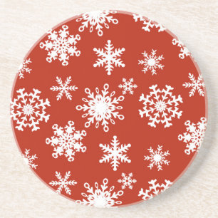 Porta-copos Snowflakes in white on red background