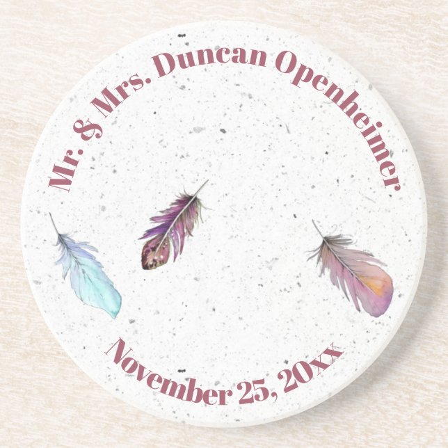 Porta-copos Sr. e Sra. Feather Design com Nome Data (Frente)