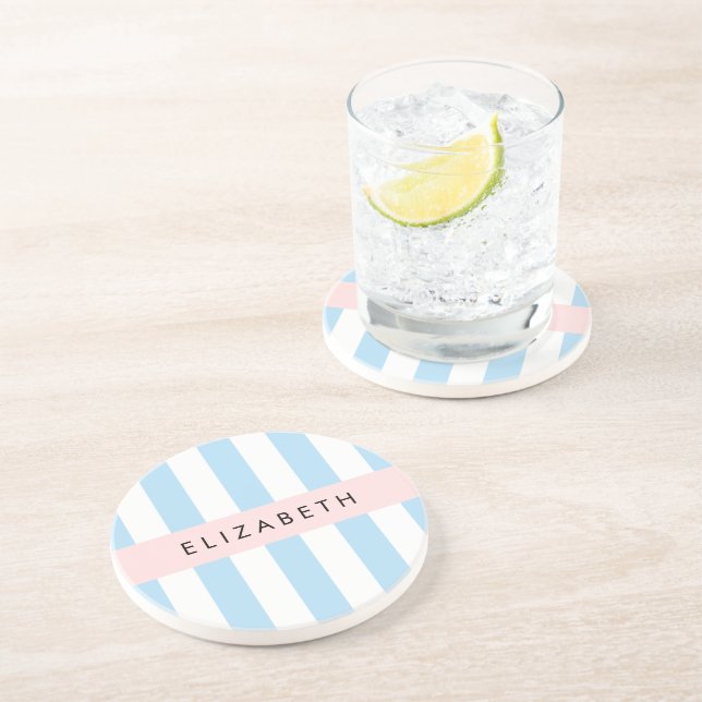 Porta-copos Stripes Azuis, Padrão Striped, Linhas, Seu Nome (Lateral)