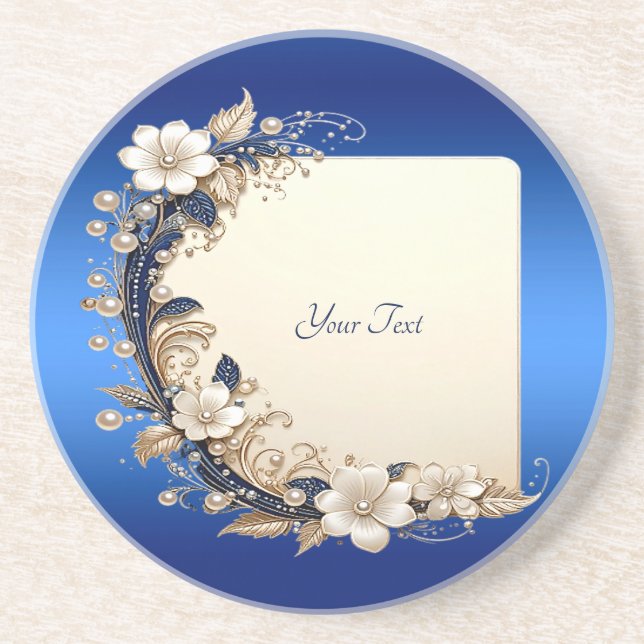 Porta-copos Suporte de Arenito com Enfeite Floral Azul Branco (Frente)