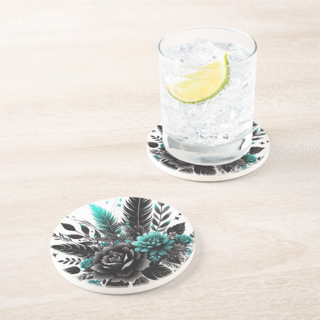 Porta-copos Teal e Floral Preto (Lateral)