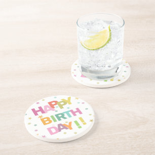 Porta-copos Texto Colorido Confetti e Estrelas Feliz Aniversár