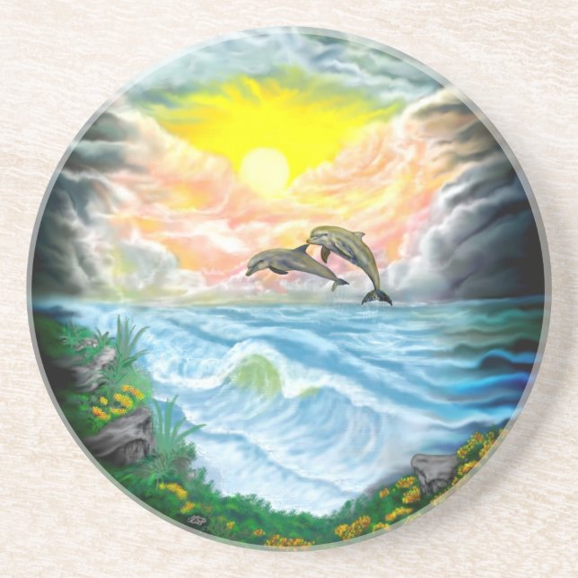 Porta-copos Tocando golfinhos ao sol (Frente)