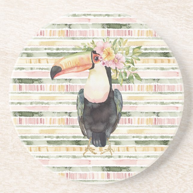 Porta-copos Toucan Bird Pink Green Stripes (Frente)