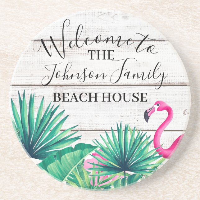 Porta-copos Tropical Floral Family Name Beach House Welcome (Frente)