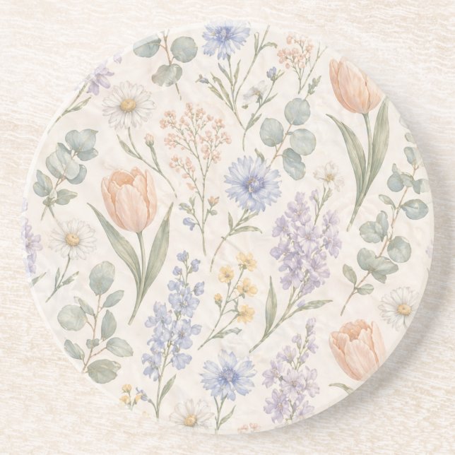 Porta-copos Tulipas Lilases Aquarela de Prado de Primavera com (Frente)