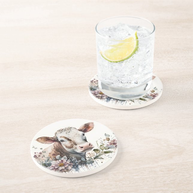 Porta-copos Vaca De Aquarela Em Flores Selvagens (Lateral)