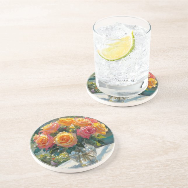Porta-copos Vaso de Rosas Amarelas Rosadas (Lateral)