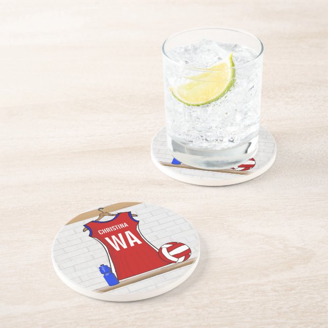 Porta-copos Vermelho Uniforme Netball Personalizado com Azul e (Lateral)