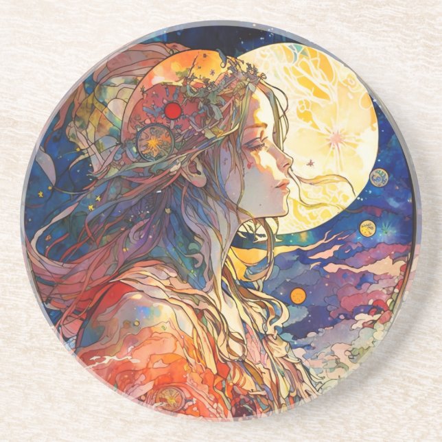 Porta-copos Vibrante Aquarela de Rapariga e Lua (Frente)