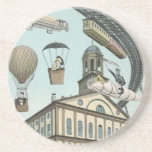 Porta-copos Vintage Science Fiction, Victorian Steam Punk City<br><div class="desc">Imagem de viagem de ilustração venenosa e de transporte de ficção científica futurista apresentando pessoas viajando por dirigíveis,  balões de ar quente,  um trem invertido e um antigo automóvel convertível em uma metrópole vitoriana,  punk a vapor,  retrógrada à metrópole urbana.</div>