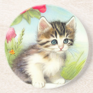 Porta-copos Vintage White e Brown Kitten com Flores