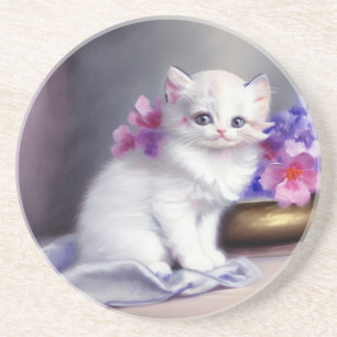 Porta-copos Vintage White Kitten com Flores Rosa e Púrpura