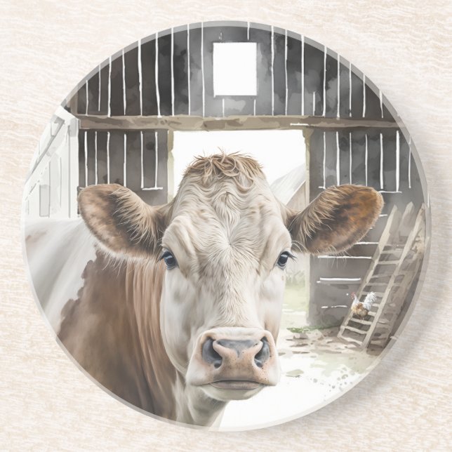 Porta-copos Watercolor Hereford Cow Em Barn (Frente)