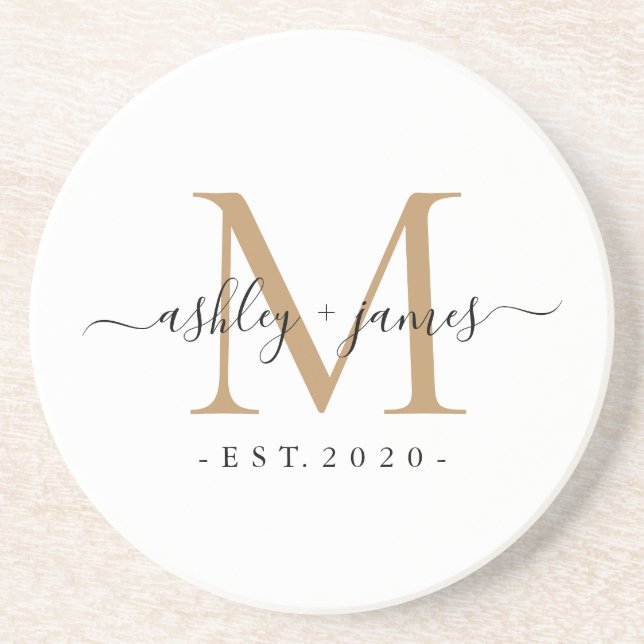 Porta-copos Wedding Gold Monogram Names Year Est  (Frente)