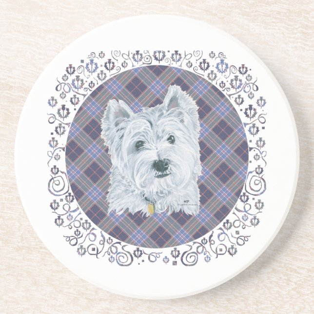 Porta-copos Westie no Tartan (Frente)