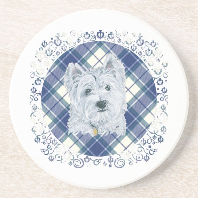 Porta-copos Westie no Tartan (Frente)