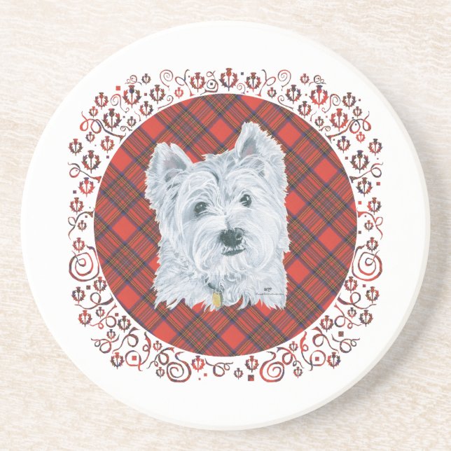 Porta-copos Westie no Tartan (Frente)
