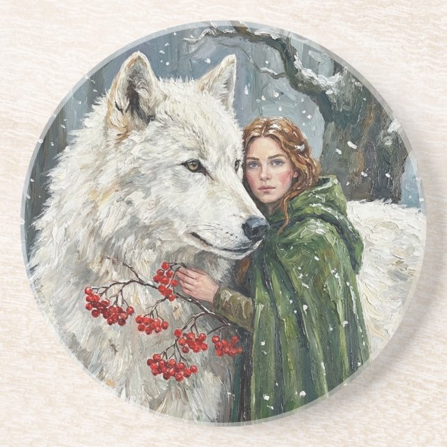 Porta-copos White Wolf Redhead Druid Winter Berries Fantasy Ar (Frente)