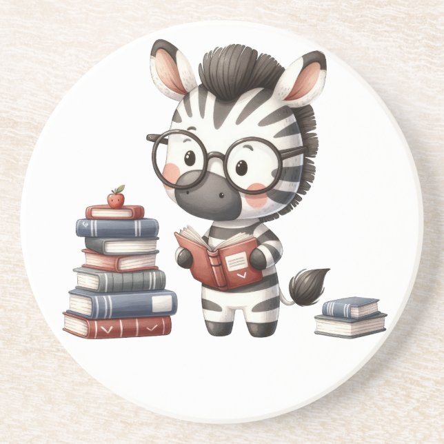 Porta-copos Zebra Lendo Livros. (Frente)