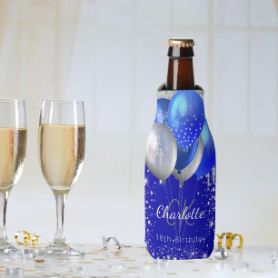 Porta-garrafa Aniversário Balões reais de ouro azuis, nome monog