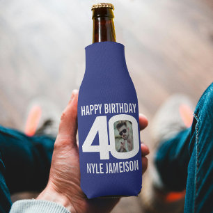 Porta-garrafa aniversário de 40 anos azul e duas fotos brancas C