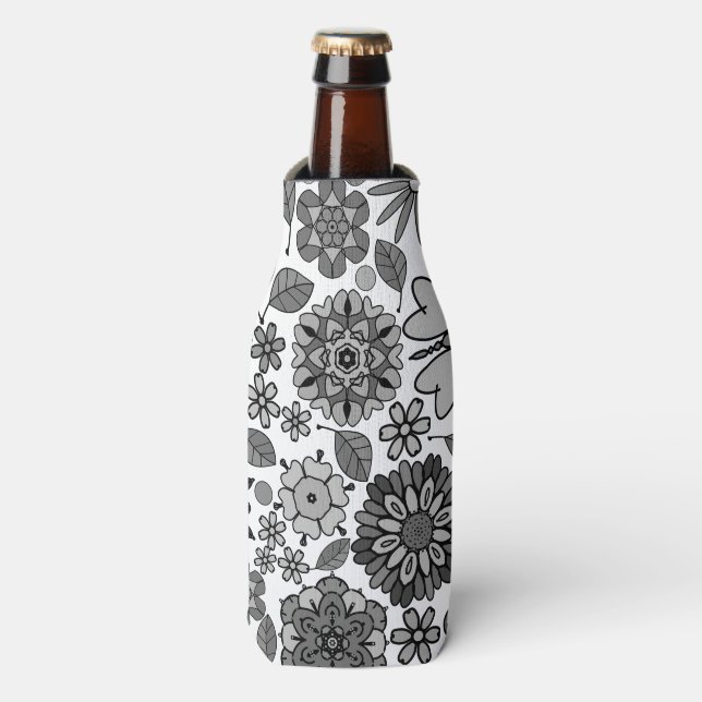 Porta-garrafa Arte Floral Retro Preto Cinza Branco Padrão Sem Co (Frente da Garrafa)