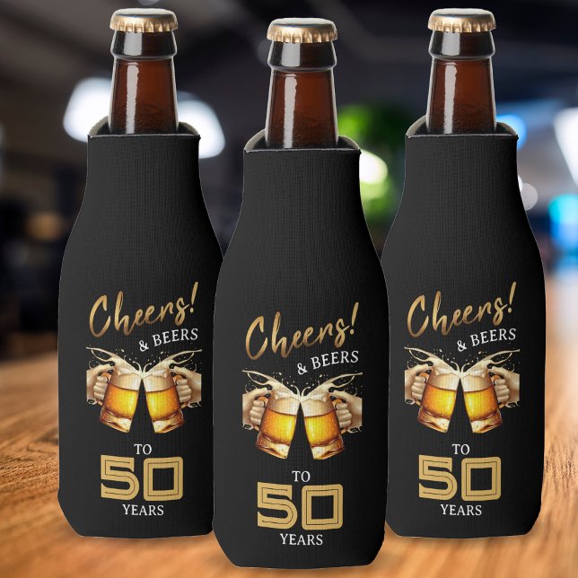 Porta-garrafa Black & Dourado Cheers & Beers 50 anos 50 anos 50  (Black & Gold Cheers & Beers 50 Years 50th Birthday Bottle Cooler)