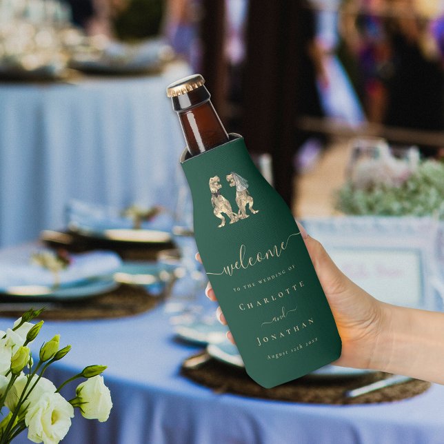 Porta-garrafa Casamento Temático de Dinossauros Verde Escuro (Dinosaur wedding dark green custom beer bottle cooler funny T-Rex Jurassic dino bride and groom )