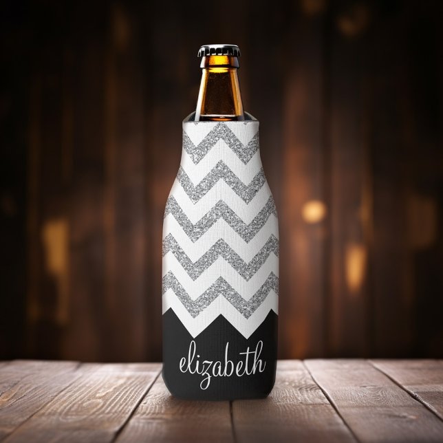 Porta-garrafa Chevrons e nome do Impressão de brilho preto e pra (Add your name to this personalized bottle cooler.)