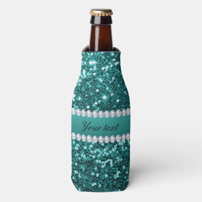 Porta-garrafa Chic Teal Faux Glitter e Diamantes (Frente da Garrafa)