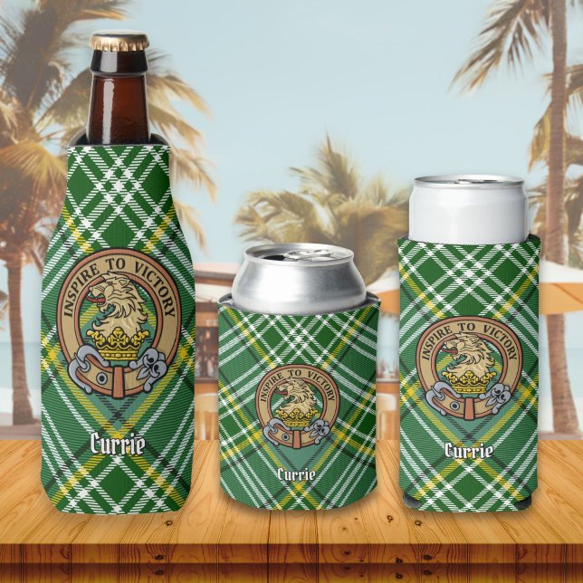 Porta-garrafa Clan Currie Lion Crest sobre Tartan (Criador carregado)