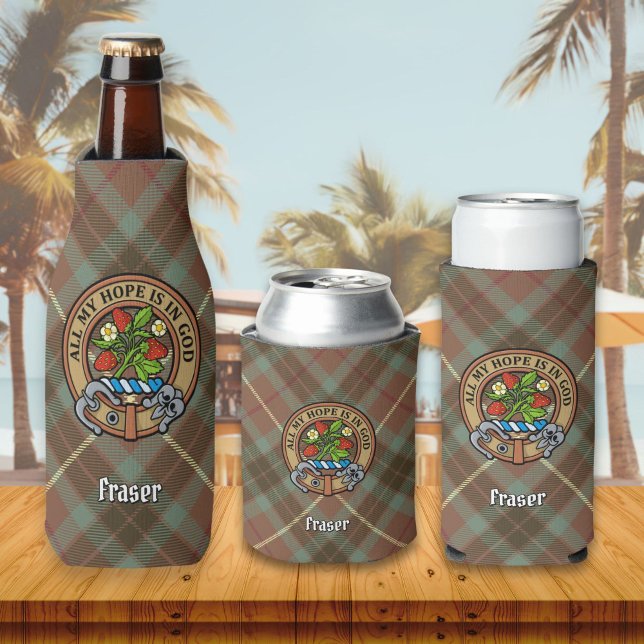 Porta-garrafa Clan Fraser Crest over Weathered Hunting Tartan (Criador carregado)