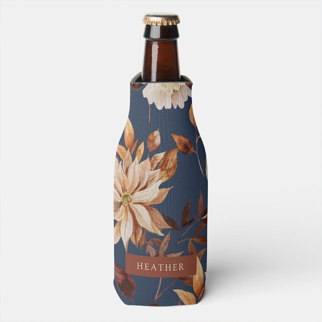 Porta-garrafa Copo Térmico Azul Marinho Outono Garrafa (Navy Blue Floral Autumn Long-neck Bottle Cooler by Painted Paperie
)