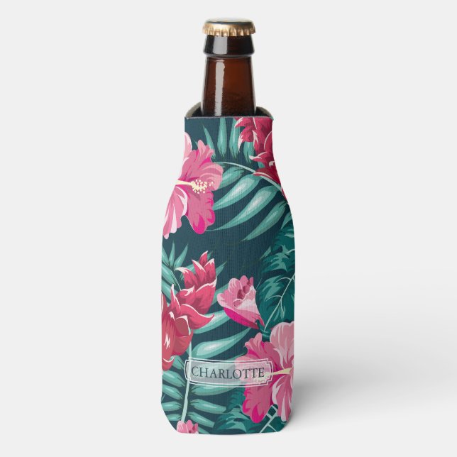 Porta-garrafa Design de Monograma de Flores Exóticas Rosa (Frente da Garrafa)